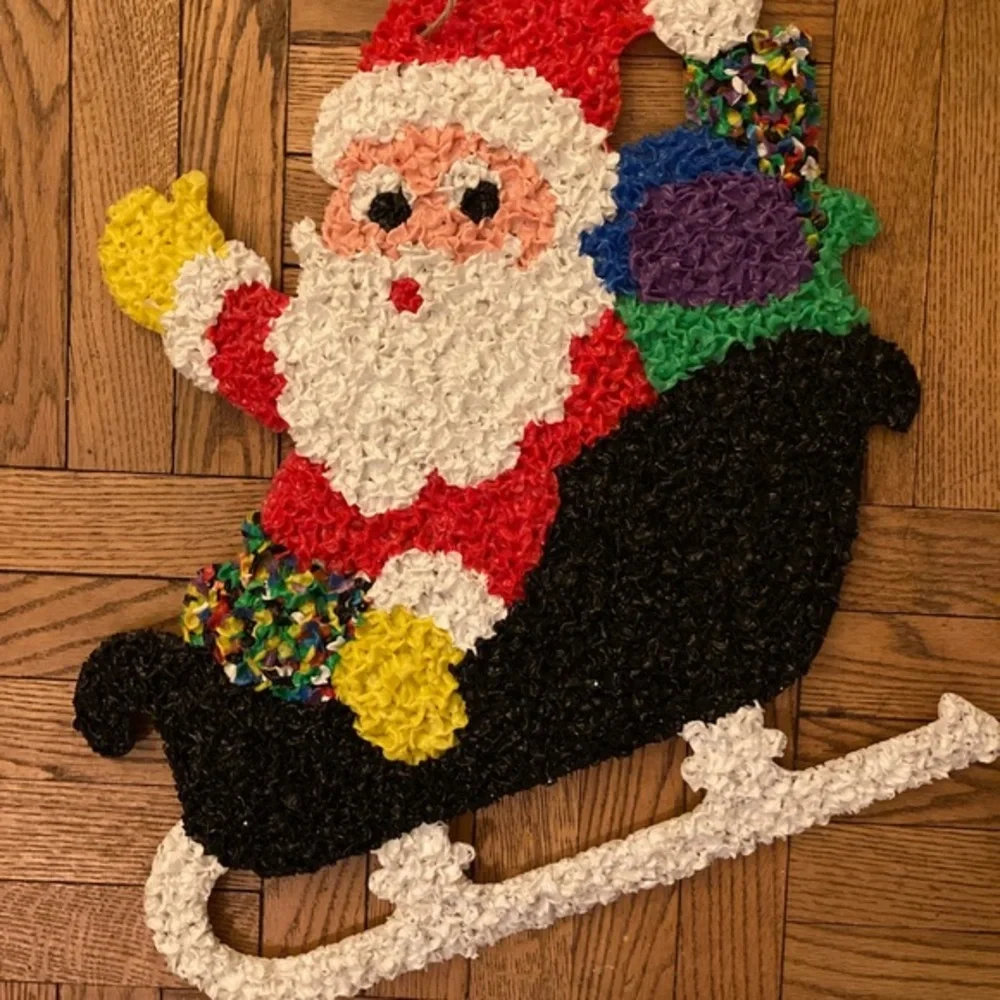 Vintage Melted Plastic Santa on Sleigh - highly collectible!